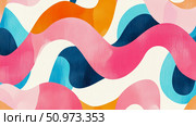 Dynamic contemporary abstract art featuring a vibrant array of overlapping, undulating wavy shapes in bold and pastel colors with a subtle canvas texture. Стоковое AI-изображение, AI-художник Данила Большаков / Фотобанк Лори