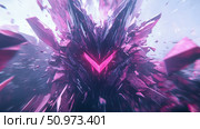 Abstract digital art of a dynamic shattered purple and pink crystal bursting outwards with a glowing neon V symbol at its core, creating an energetic futuristic explosion. Стоковое AI-изображение, AI-художник Данила Большаков / Фотобанк Лори