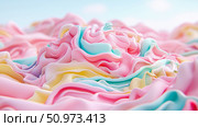 Ethereal Abstract Landscape of Soft Pastel-Colored Undulating Forms in Pink, Blue, and Yellow, Evoking a Dreamlike, Sweet and Whimsical Scene. Стоковое AI-изображение, AI-художник Данила Большаков / Фотобанк Лори
