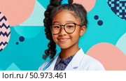 Aspirational portrait of a smiling multiracial young girl in a doctor's lab coat and glasses, with a stethoscope, set against a vibrant, modern geometric background. Стоковое AI-изображение, AI-художник Данила Большаков / Фотобанк Лори