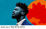 Contemplative and vibrant graphic art featuring a man in profile, his face uplifted against a vivid blue sky, complemented by an abstract fiery sun-like shape. Стоковое AI-изображение, AI-художник Данила Большаков / Фотобанк Лори
