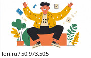 Joyful flat illustration of a young person celebrating success with arms raised amidst abstract shapes and vibrant plants, symbolizing achievement and positive outcomes. Стоковое AI-изображение, AI-художник Данила Большаков / Фотобанк Лори