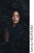 Elegant female figure with cascading raven locks and tranquil expression within a profound dark space. Стоковое AI-видео, аниматор Данила Большаков / Фотобанк Лори