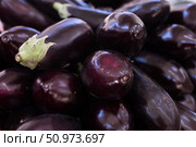 Fresh eggplant on market counter. Стоковое фото, фотограф Татьяна Яцевич / Фотобанк Лори