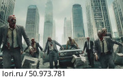 Horde of decaying undead figures in business suits shambles through a desolate urban landscape, an eerie scene of a city abandoned. Стоковое AI-видео, аниматор Данила Большаков / Фотобанк Лори