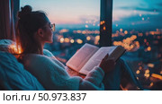 Serene individual immersed in a captivating book beside a large window, enjoying a tranquil urban glow at twilight. Стоковое AI-видео, аниматор Данила Большаков / Фотобанк Лори