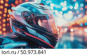 Cutting-edge moto helmet with dynamic lines illuminated by a vibrant, bokeh-filled night scene. Стоковое AI-видео, аниматор Данила Большаков / Фотобанк Лори