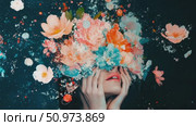 Dreamy artistic portrayal of a woman's graceful form embracing a magnificent flower array, scatterings of light in deep space. Стоковое AI-видео, аниматор Данила Большаков / Фотобанк Лори