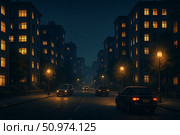 Вечерний город. Стоковое AI-изображение, AI-художник Анатолий Скачков / Фотобанк Лори