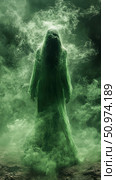 Ethereal Figure Shrouded in Emerald Mist: A Digital Painting of Supernatural Horror. Стоковое AI-изображение, AI-художник Данила Большаков / Фотобанк Лори