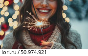 Smiling Girl with Fire Sparkler Glow in the Winter Season. pleased happy smiling young 20s woman is holding a bright sparkler in a festive winter setting. Glowing blur bokeh light on background. Стоковое AI-видео, аниматор Марина Демидюк / Фотобанк Лори