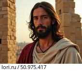 In the golden light of sunset, a figure resembling Christ Jesus stands confidently amidst the ruins of Jerusalem, embodying peace and wisdom as shadows dance around him Generative AI. Стоковое AI-изображение, AI-художник Юлия Петровская / Фотобанк Лори