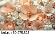 Close-up of Peach and White Artificial Flowers with Gold Accents: Elegant Floral Arrangement. Стоковое AI-изображение, AI-художник Данила Большаков / Фотобанк Лори