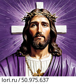 A powerful depiction of Christ, adorned with a crown of thorns and a royal purple robe, radiates compassion and grace against a luminous background Generative AI. Стоковое AI-изображение, AI-художник Юлия Петровская / Фотобанк Лори