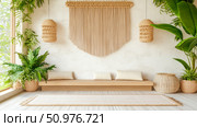 Serene Bohemian Interior Design: Wooden Bench, Macrame Wall Hanging, and Tropical Plants. Стоковое AI-изображение, AI-художник Данила Большаков / Фотобанк Лори