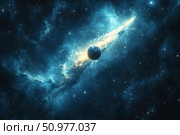 A breathtaking image of deep space with a bright galactic nebula and a planet illuminated by streams of starlight. The composition is made in a cool palette with shades of blue and light blue, emphasized by a golden glow. The view creates a sense of the infinity of the Universe, the mystery and beauty of outer space. Ideal for sci-fi covers, educational projects, space presentations and digital design. Стоковое AI-изображение, AI-художник Анна Кривицкая / Фотобанк Лори