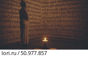Wise guru sitting cross legged in shadowy sanctuary, surrounded by weathered sacred texts and flickering oil lamp, radiating deep contemplative peace. Стоковое AI-видео, аниматор Данил Руденко / Фотобанк Лори