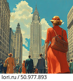 An atmospheric vintage retro illustration depicting a busy New York street in the mid-20th century. In the center of the composition is a woman in a bright red dress and hat, standing with her back to the viewer and looking at a majestic building reminiscent of the Chrysler Building. Around her are passersby in period attire, creating a sense of movement and urban rhythm. The warm color palette and artistic stylization make the image ideal for covers, editorial publications, posters and vintage collections. Стоковое AI-изображение, AI-художник Анна Кривицкая / Фотобанк Лори