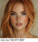 Portrait of a young woman with red hair, delicate skin with freckles and expressive green eyes. Her natural beauty is emphasized by soft lighting and a neutral background. The image is made in high artistic quality and is suitable for use in the fashion industry, cosmetics advertising, projects related to natural beauty, health, femininity and lifestyle. Ideal for blogs, magazine covers, banners and advertising layouts. Стоковое AI-изображение, AI-художник Анна Кривицкая / Фотобанк Лори