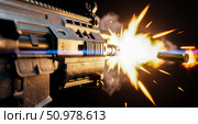 Modern automatic rifle firing bullet with bright muzzle flash, close-up of weapon shooting on an isolated black background. Стоковое AI-изображение, AI-художник Павел Муравьев / Фотобанк Лори