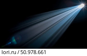 Realistic spotlight overlay on black background, single bright beam of light for stage performance, searchlight effect from top corner with glowing rays. Стоковое AI-изображение, AI-художник Павел Муравьев / Фотобанк Лори