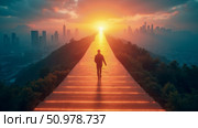Person walking towards bright city horizon during sunrise symbolizing ambition growth progress success career future goals determination inspiration motivation hope vision. Стоковое AI-изображение, AI-художник Павел Муравьев / Фотобанк Лори
