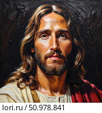 A masterful illustration showcases Christ with flowing hair and an expressive gaze, embodying compassion and wisdom. The artwork invites reflection and reverence Generative AI. Стоковое AI-изображение, AI-художник Юлия Петровская / Фотобанк Лори