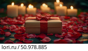 Romantic Gift: A Present Surrounded by Rose Petals and Candles. Стоковое AI-изображение, AI-художник Данила Большаков / Фотобанк Лори