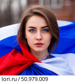 Девушка на фоне российского флага. Стоковое AI-изображение, AI-художник Юлия Усач / Фотобанк Лори