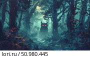 Demon with glowing red eyes stands amidst the trees in a dark forest. Стоковое AI-изображение, AI-художник Данила Большаков / Фотобанк Лори