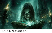 A young witch stands before a gothic cathedral, enchantingly casting a spell from a mystical ancient book under the cloak of night. Стоковое AI-изображение, AI-художник Данила Большаков / Фотобанк Лори