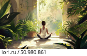 A woman is seated in the lotus position in front of a window, engaging in a meditative practice. Стоковое AI-изображение, AI-художник Данила Большаков / Фотобанк Лори