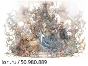 A magical fantasy watercolor illustration with Art Nouveau elements. The composition depicts a mysterious scene with elegantly dressed characters surrounded by flowers, decorative forms and architectural elements. The ephemeral atmosphere, airy fabrics, smooth lines and rich details create the impression of immersion in a fairy tale or legend. The work is ideal for book design, postcards, posters and design projects related to the themes of magic, dreams and artistic aesthetics. Стоковое AI-изображение, AI-художник Анна Кривицкая / Фотобанк Лори