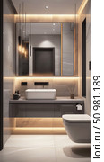 Modern minimalist bathroom interior with ambient lighting, sleek fixtures, and neutral tones. Стоковое AI-изображение, AI-художник Катерина Бондарец / Фотобанк Лори