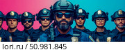 SWAT Team: A group of armed police officers in tactical gear stand shoulder to shoulder against a vibrant pink and blue backdrop. Стоковое AI-изображение, AI-художник Данила Большаков / Фотобанк Лори