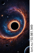 A bright space scene with a black hole and distant planets. Стоковое AI-изображение, AI-художник Анастасия Пальчикова / Фотобанк Лори