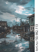 Abandoned streets mirrored in stagnant water after a catastrophic flood, used for educational aids and documentary films on natural disasters. Concept: Aftermath of natural disasters. For educational aids and documentaries. Стоковое AI-изображение, AI-художник Лариса Пономарева / Фотобанк Лори