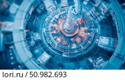 High-angle view of a futuristic machine, possibly a particle accelerator or fusion reactor, with complex internal structures and a central column. The image showcases intricate technological details. Стоковое AI-изображение, AI-художник Данила Большаков / Фотобанк Лори
