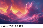 Dreamlike Cloudscape: A Surreal Sunset over a Sea of Pink and Purple Clouds. Стоковое AI-изображение, AI-художник Данила Большаков / Фотобанк Лори