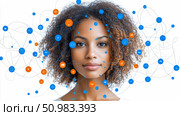 Woman's Face Overlaid with a Network of Connected Icons: Digital Connectivity and Modern Technology. Стоковое AI-изображение, AI-художник Данила Большаков / Фотобанк Лори