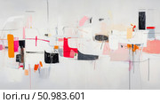 Dynamic Abstract Painting Featuring Energetic Strokes, Vivid Geometric Forms in Orange, Hot Pink, and Red, Contrasted with Bold Black and Grey Shapes on a Luminous White Canvas. Стоковое AI-изображение, AI-художник Данила Большаков / Фотобанк Лори