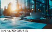 Productive morning atmosphere with a warm cup of coffee, important business documents, and a smartphone on a desk, illuminated by natural light in a contemporary office or cafe. Стоковое AI-изображение, AI-художник Данила Большаков / Фотобанк Лори