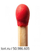 Close Up Front View of a Single Red Match Head on a White Background. Generative AI. Стоковое AI-изображение, AI-художник Roman Zavorotny / Фотобанк Лори