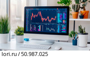 A modern desk setup featuring large computer monitor displaying intricate financial market charts and investment data, complemented by vibrant green plants and clean white peripherals. Стоковое AI-изображение, AI-художник Данила Большаков / Фотобанк Лори