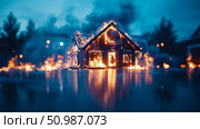 A solitary house engulfed in devastating inferno at dusk, its fiery reflection shimmering intensely on wet, dark blue ground, portraying scene of profound destruction and emergency. Стоковое AI-изображение, AI-художник Данила Большаков / Фотобанк Лори