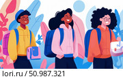 Diverse group of three young students with backpacks, wearing casual hoodies and glasses, standing confidently against vibrant, stylized floral and leaf background, depicting modern back-to-school theme and educational journey. Стоковое AI-изображение, AI-художник Данила Большаков / Фотобанк Лори