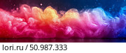 Vibrant fluid waves of colorful smoke with shimmering particles, creating ethereal gradient from fiery reds and oranges to cool purples and blues on dark background. Стоковое AI-изображение, AI-художник Данила Большаков / Фотобанк Лори