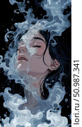 Liquid embrace: hauntingly beautiful illustration of woman's face, eyes closed, being caressed and overwhelmed by elaborate water formations and droplets against dark background. Стоковое AI-изображение, AI-художник Данила Большаков / Фотобанк Лори