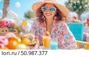 Bright and cheerful scene of happy woman on sunny vacation, adorned in wide-brimmed hat, vibrant floral top, and stylish mirrored sunglasses, surrounded by summer drinks and blooming flowers. Стоковое AI-изображение, AI-художник Данила Большаков / Фотобанк Лори