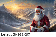 Within a magical winter forest, a delightful Christmas tree decoration swings gracefully from a New Year's Eve tree. The charming scene unfolds with Santa Claus, surrounded by a tree embellished with radiant decorations, set against the captivating backdrop of unspoiled Alpine peaks, capturing the essence of festive joy. Стоковое AI-изображение, AI-художник Андрей Ка / Фотобанк Лори